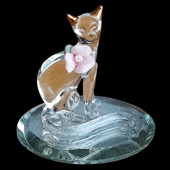 Baron Glass Crystal Kitty Cat Sculpture 22k Gold Trim Pink Rose Clear Miniature - Picture 1 of 7